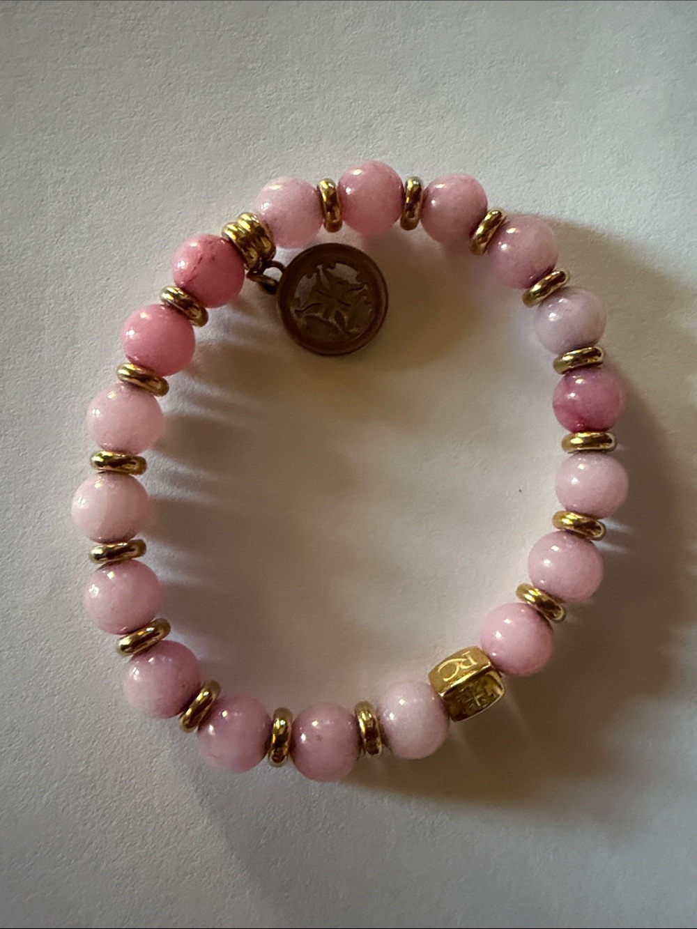 Rustic Cuff Pink Beaded Bracelet with Gold Accents Like New